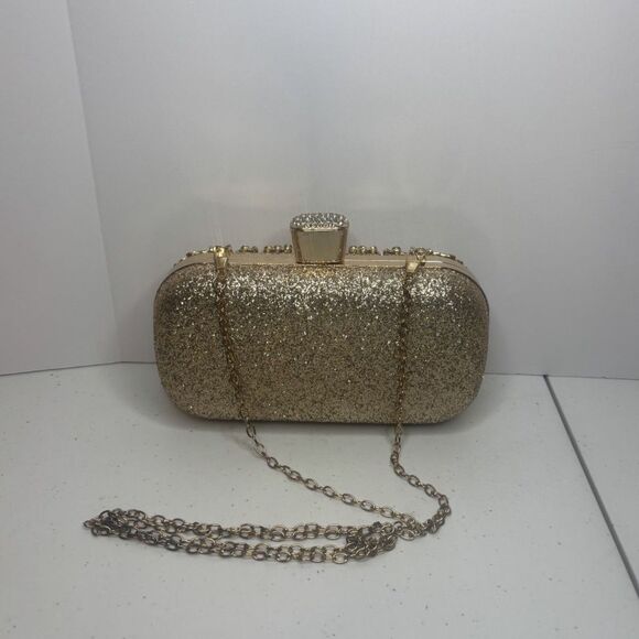 Designer Gold Jeweled Rhinestone Studded Evening Chain Clutch Purse Womens - Picture 7 of 8